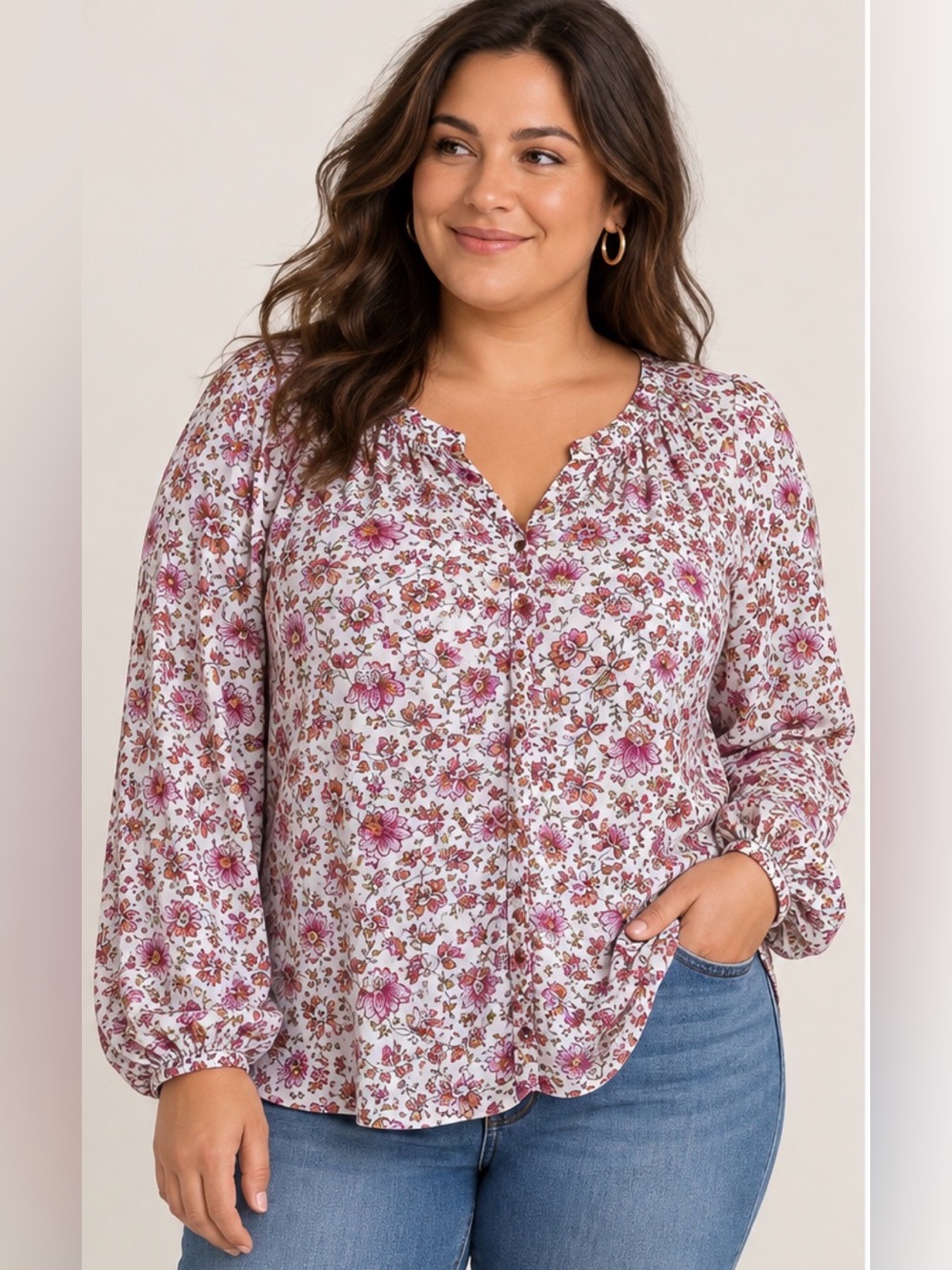 Floral Poet Blouse White Pink Orange Boho Button Front, XXL